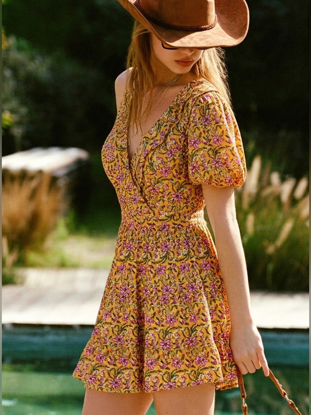 Rahi Del Sole Chiara Mini Dress Yellow Floral Ruffle Puff Sleeve V-Neck Small